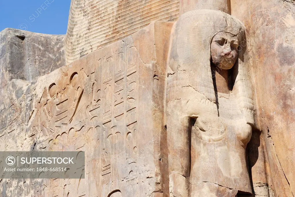 Statue on the base, Colossi of Memnon, Thebes West, Deir el-Bahari, Luxor, Nile Valley, Egypt, Africa