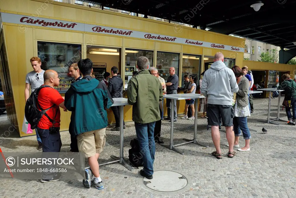 Konnopke's Imbiss takeaway after the re-opening in 2011, Berlin's oldest and most famous sausage stall since 1930, located under the rail bridge on Sc...