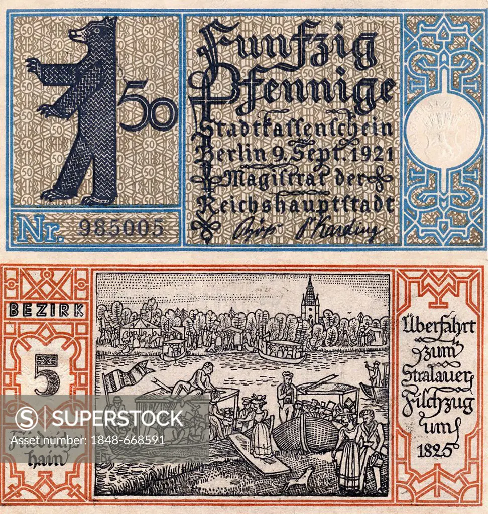 Emergency currency from Berlin Friedrichshain, banknote, 50 pfennig, front and back side, image of the Berlin Bear and of Ueberfahrt zum Stralauer Fis...