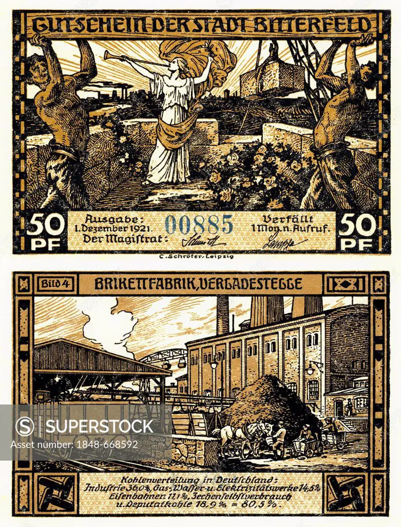 Emergency currency from Bitterfeld, banknote, 50 pfennig, front and back side, image of a briquetting plant and of the distribution of coal, Germany, ...