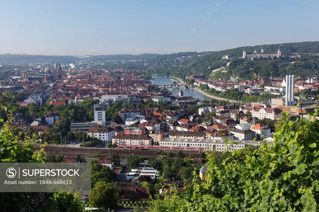 View of the Main River and the historic district as seen from Steinberg hill, Wuerzburg, Lower Franconia, Franconia, Bavaria, Germany, Europe, PublicG...