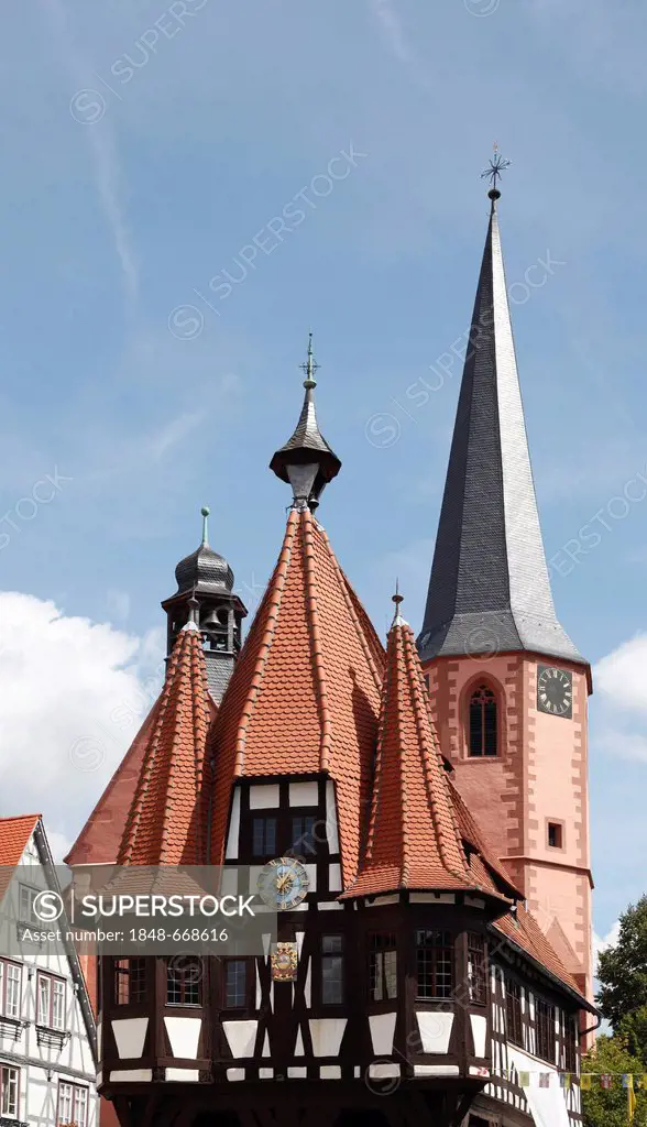 Town hall with market fountain and spire of the town church, market square, Michelstadt in the Odenwald, Hesse, Germany, Europe, PublicGround