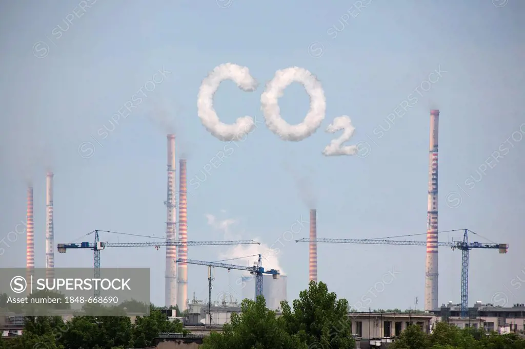 Industrial plant, cloud formation forming the lettering CO2, symbolic image for carbon dioxide emissions, illustration