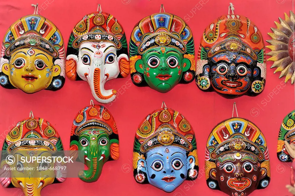 Masks, souvenirs, tourist market of Bhaktapur, Kathmandu Valley, Nepal, Asia