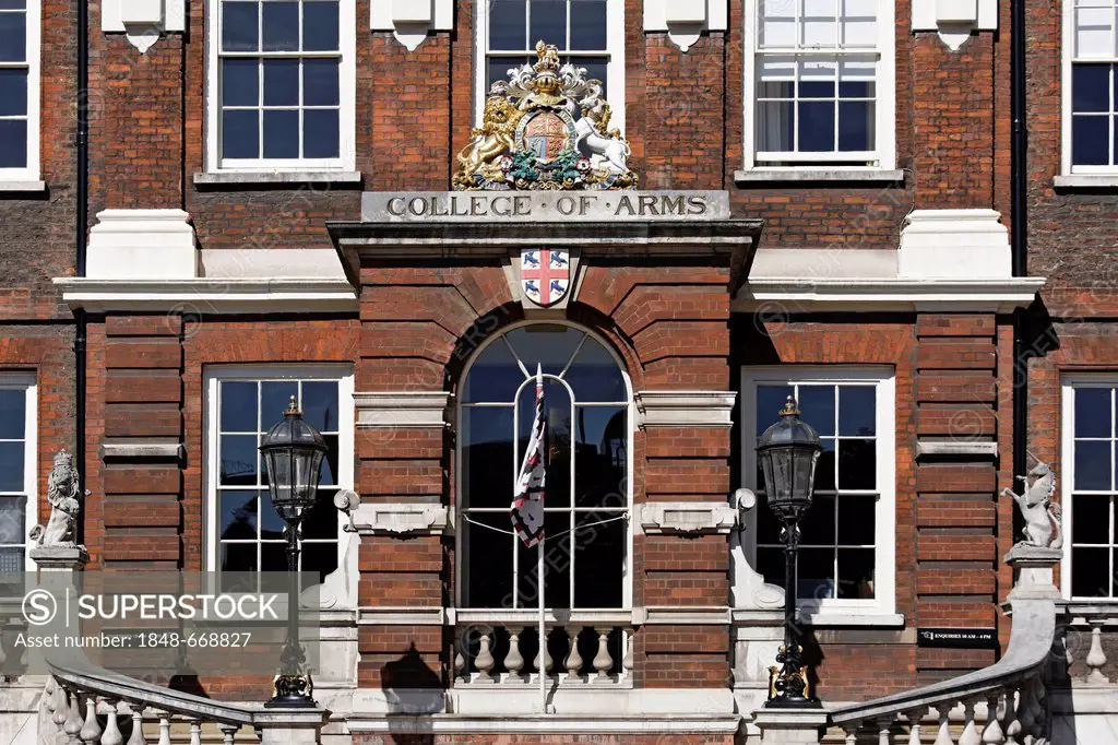 Entrance to the College of Arms, historic Institute of Heraldry, London, England, United Kingdom, Europe