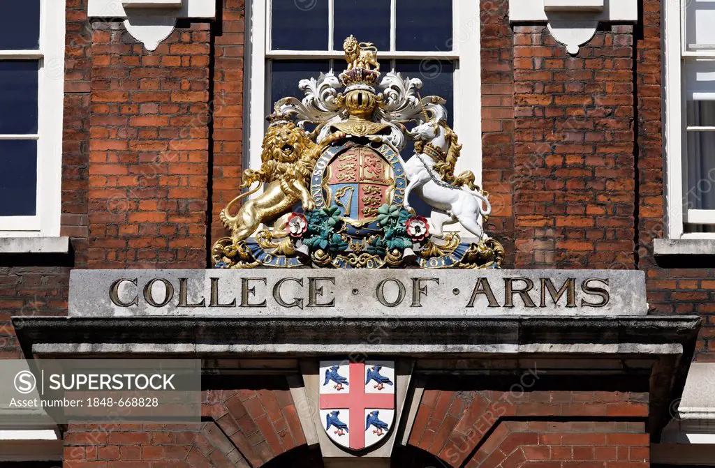 Coat of arms above the entrance to the College of Arms, historic Institute of Heraldry, London, England, United Kingdom, Europe