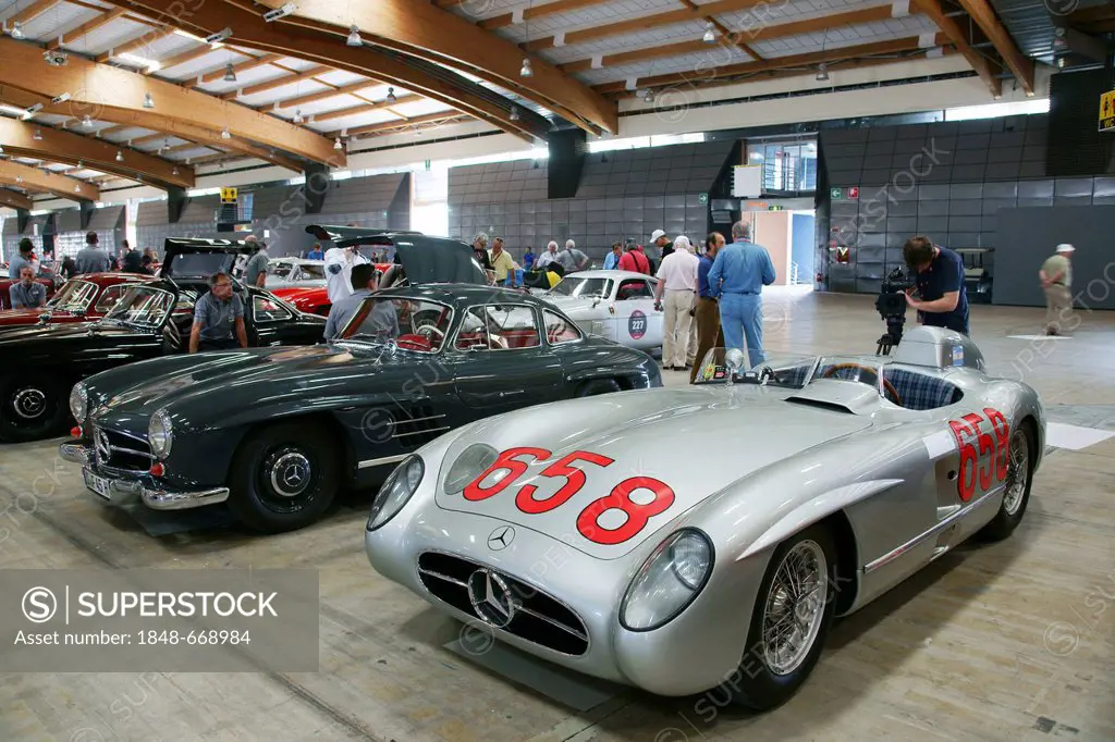 Mercedes 300 SLR 1955, Juan Manuel Fangio, Mika Haekkinen, vintage cars, fair, exhibition hall, Mille Miglia or 1000 Miglia exhibition, Brescia, Lomba...