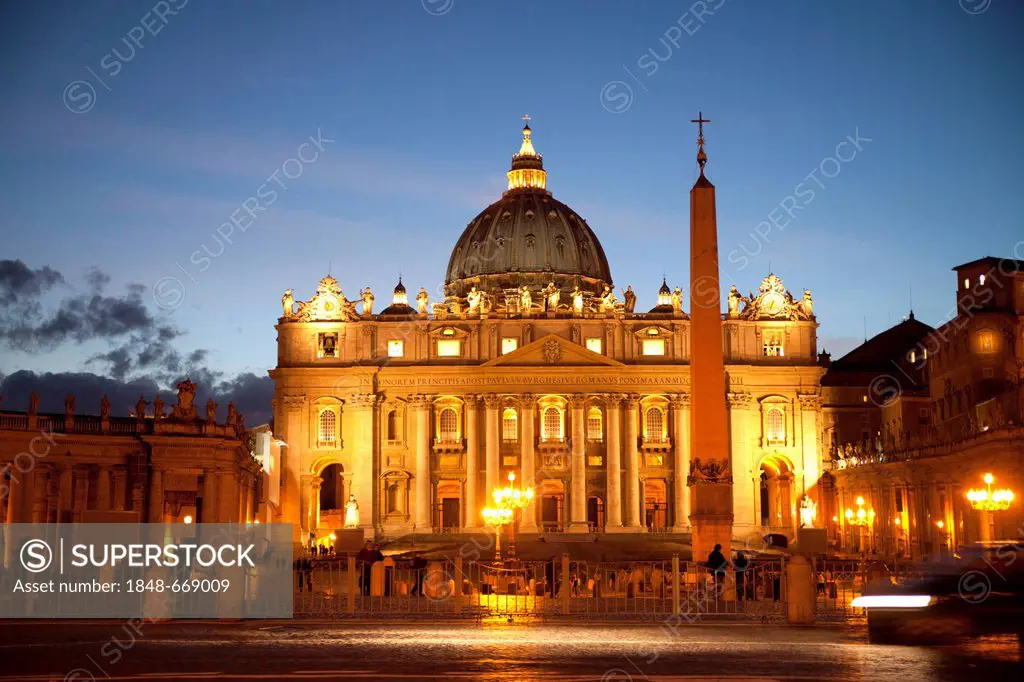 The illuminated St. Peter's Basilica and St. Peter's Square at the blue hour, Rome, Italy, Europe