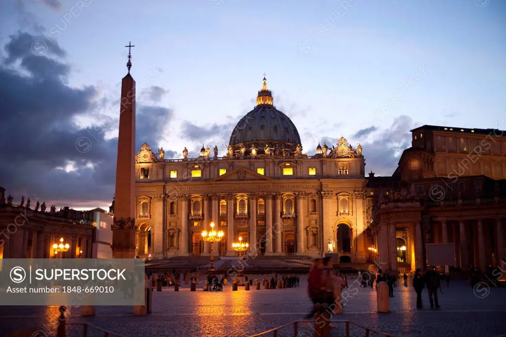 The illuminated St. Peter's Basilica and St. Peter's Square at the blue hour, Rome, Italy, Europe