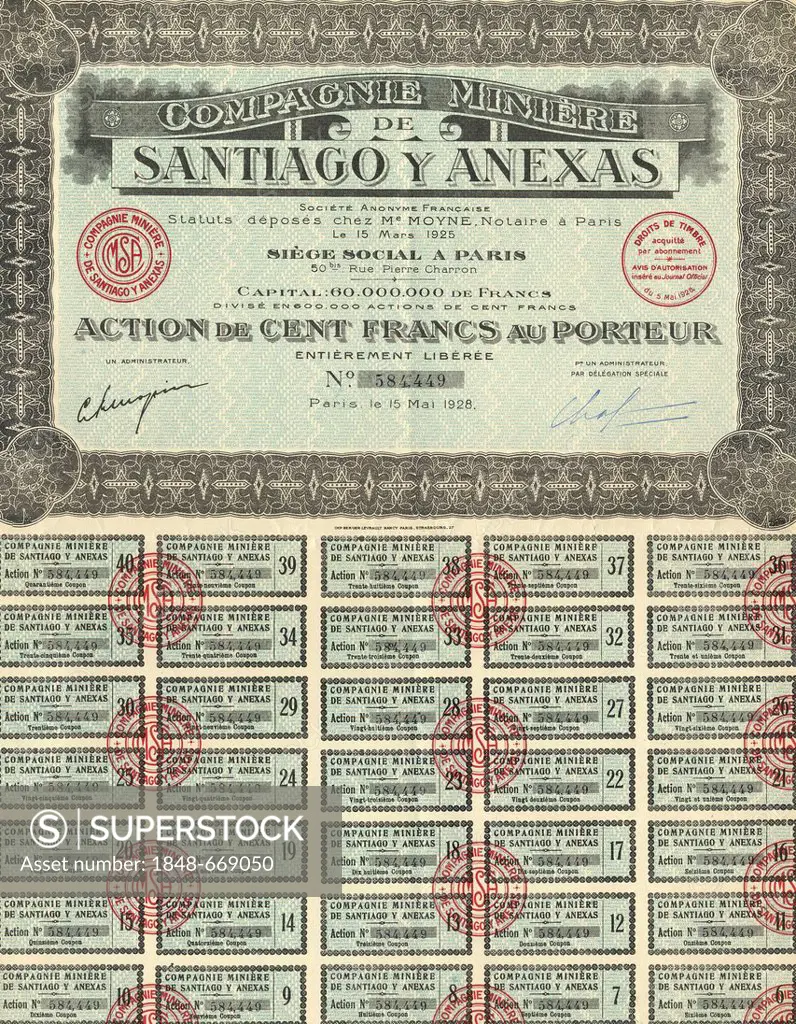 Historic share with coupons, from France, 1928, Compagnie Miniere de Santiago y Anexas