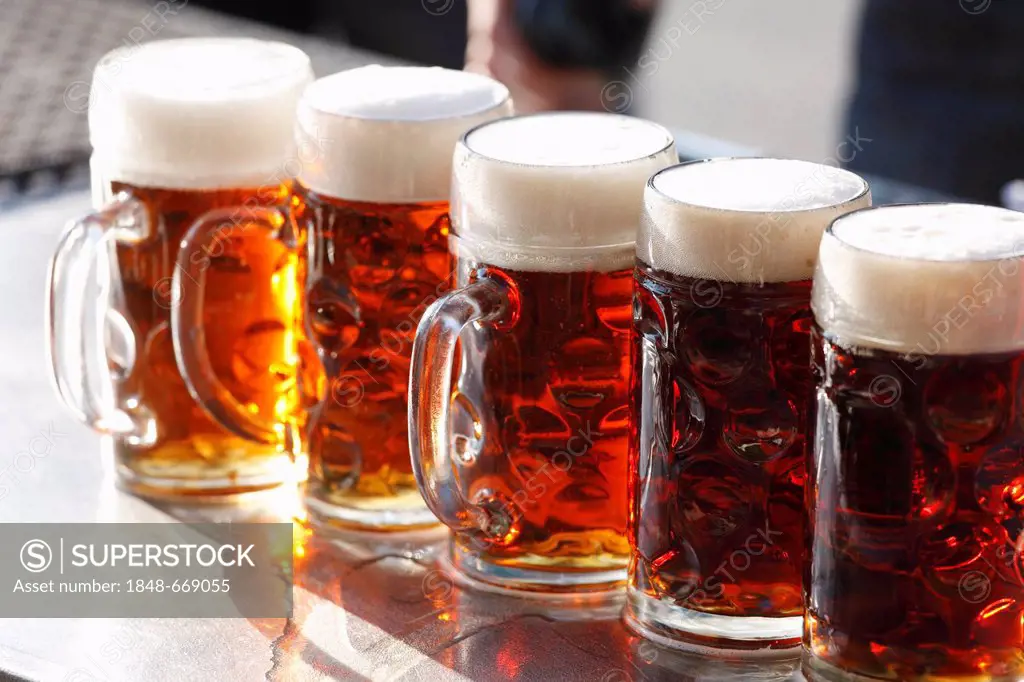 Beer mugs or steins, Brauereigasthof Krug, brewery, restaurant, Breitenlesau, Waischenfeld, Franconian Switzerland, Upper Franconia, Franconia, Bavari...