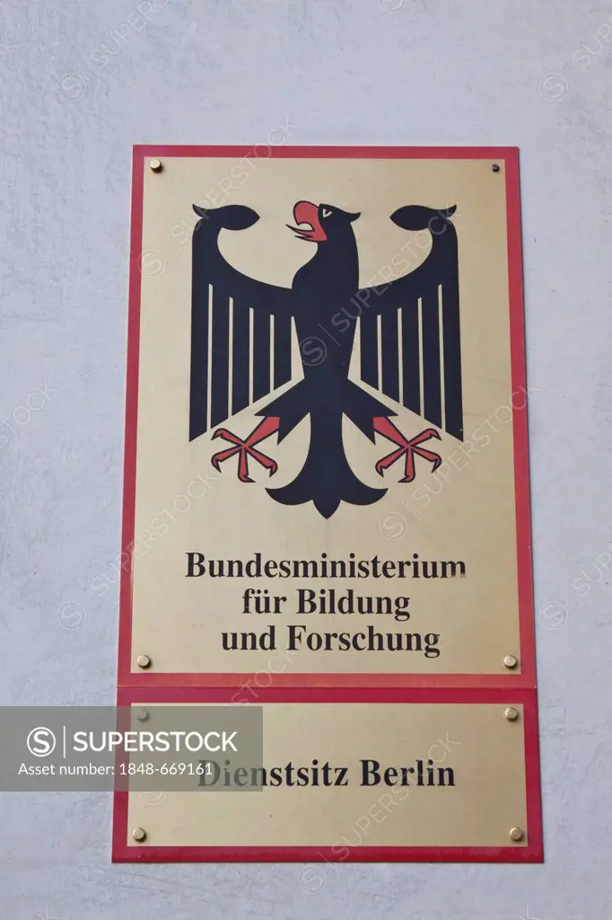 Sign, lettering Bundesministerium fuer Bildung und Forschung, German for Federal Ministry for Education and Research, Berlin office, Germany, Europe
