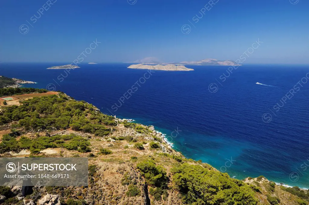 View from the west coast of Rhodes island towards the islands Makry, Strongili and Alimia, Rhodes island, Greece, Europe