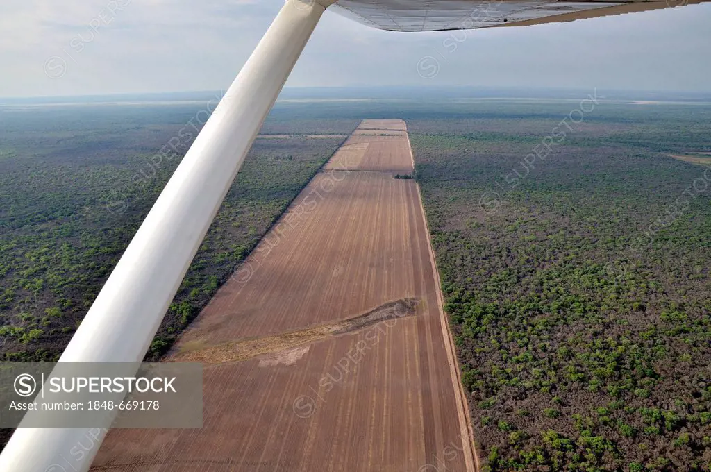 Aerial view from a Cessna aircraft, illegally cleared areas with remnants of the original vegetation of the Chaco, Gran Chaco, Salta, Argentina, South...