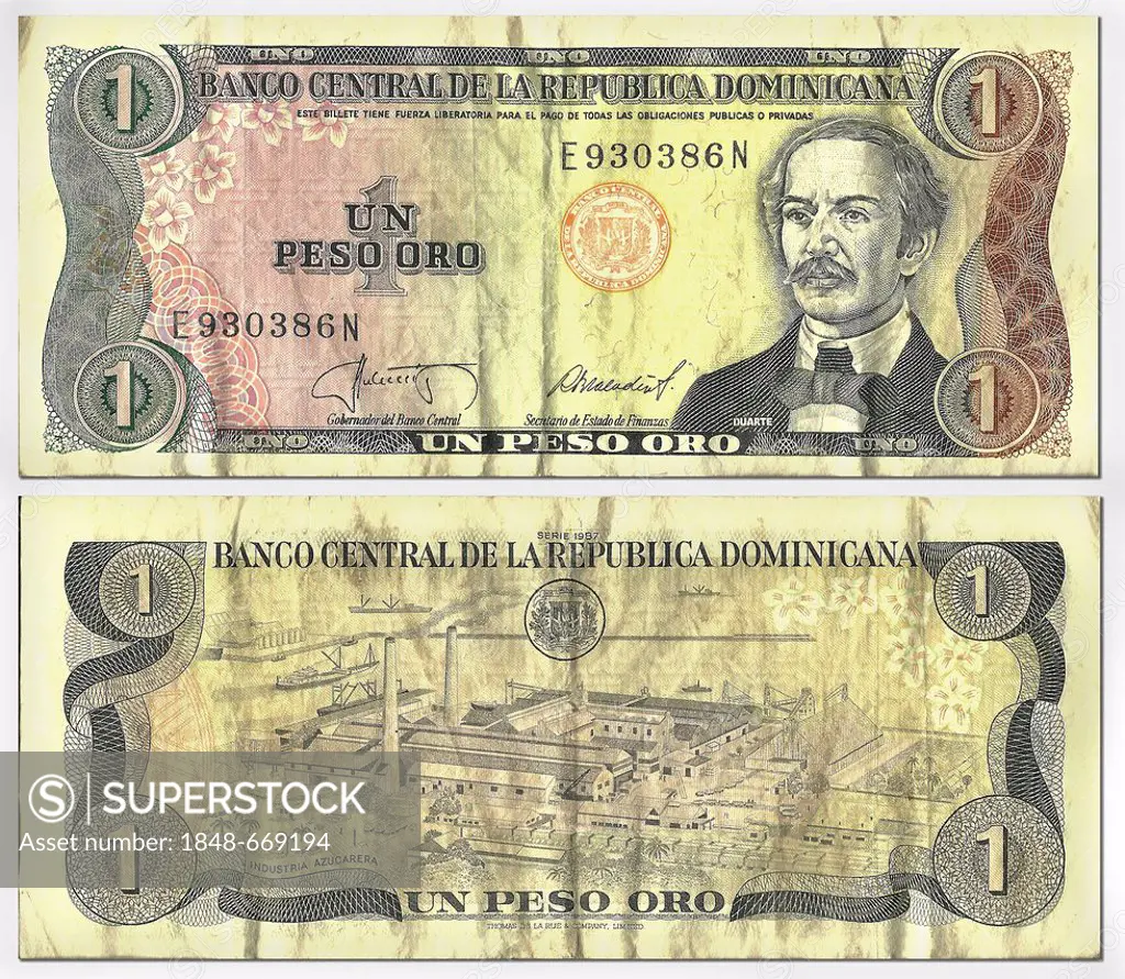 Old banknote, front and rear, 1 peso oro, Dominican Republic, Banco Central Republica Dominicana, around 1987
