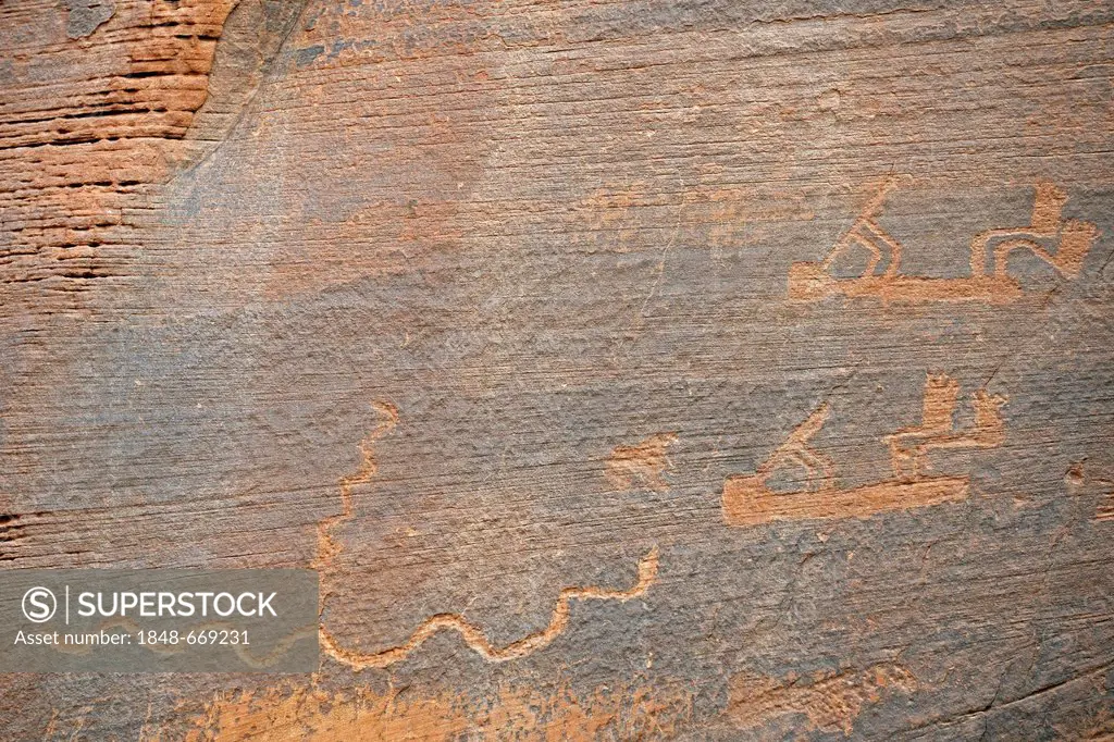 Approx. 1500 year old wall paintings of Native Americans, Monument Valley, Arizona, USA