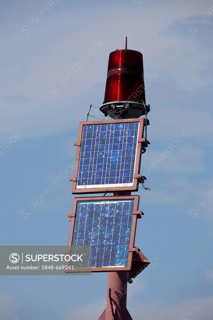 A red lamp and solar panels on a pole, navigation light, aids to navigation, Miedzyzdroje beach resort, Misdroy, Wolin Island, Baltic Sea, West Pomera...