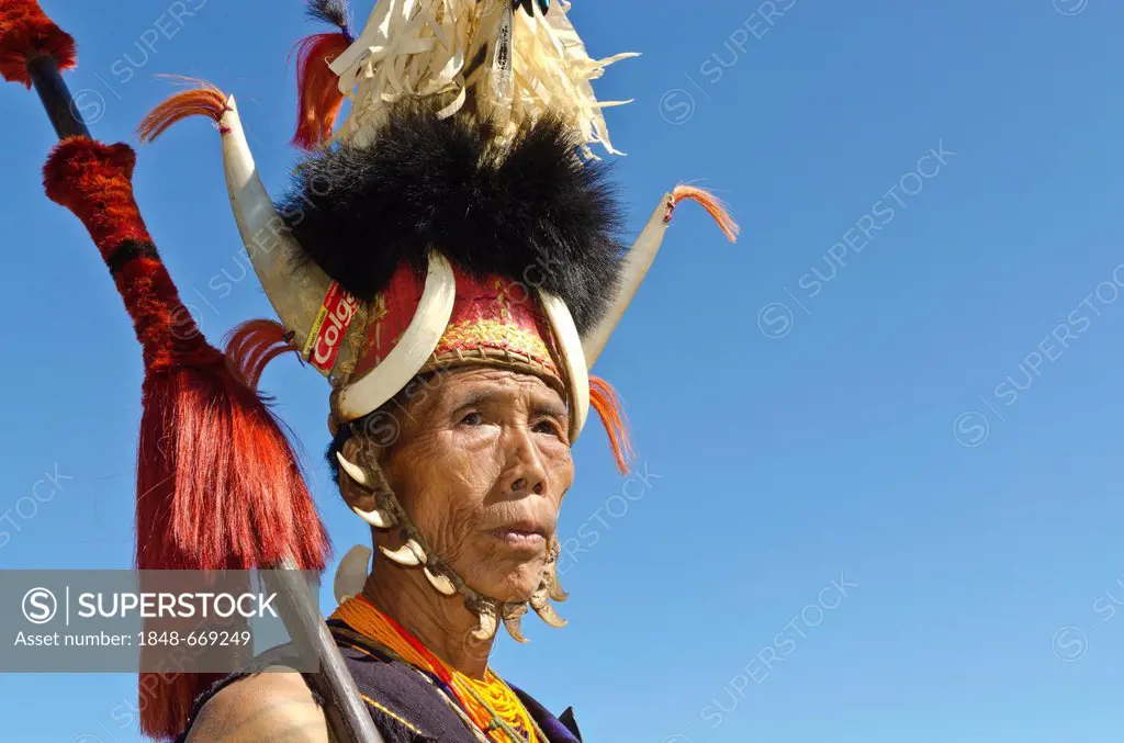 Konyak warrior with full gear at the annual Hornbill Festival in Kohima, India, Asia
