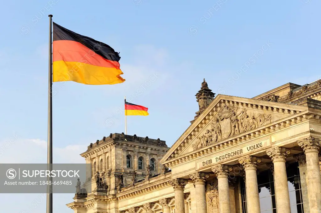 Detailed view, Reichstag building with German national flags, seat of the German parliament, Bundestag, Regierungsviertel district, Berlin, Germany, E...