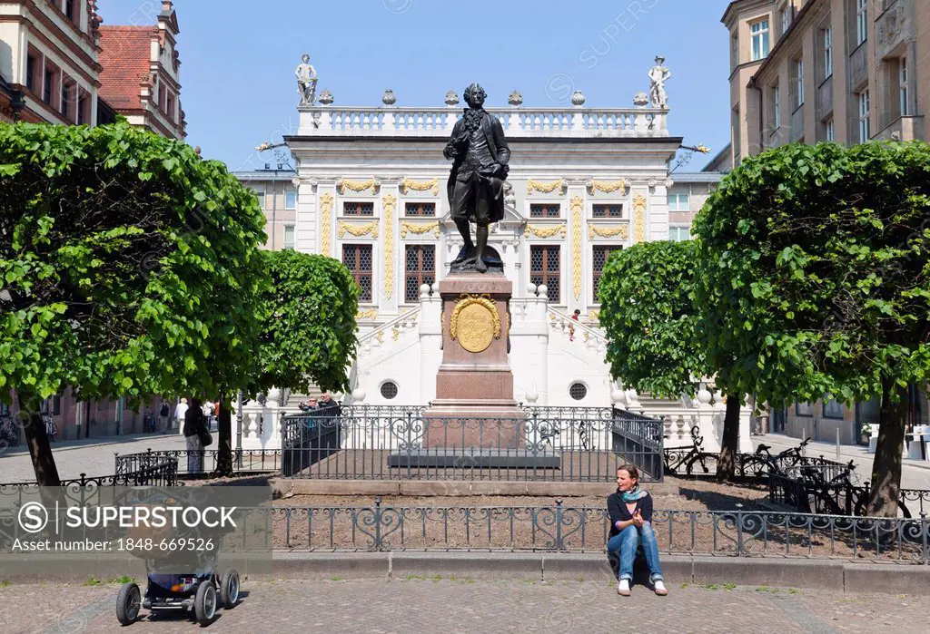 Old Stock Exchange building and Naschmarkt square with Goethe statue, Leipzig, Saxony, Germany, Europe