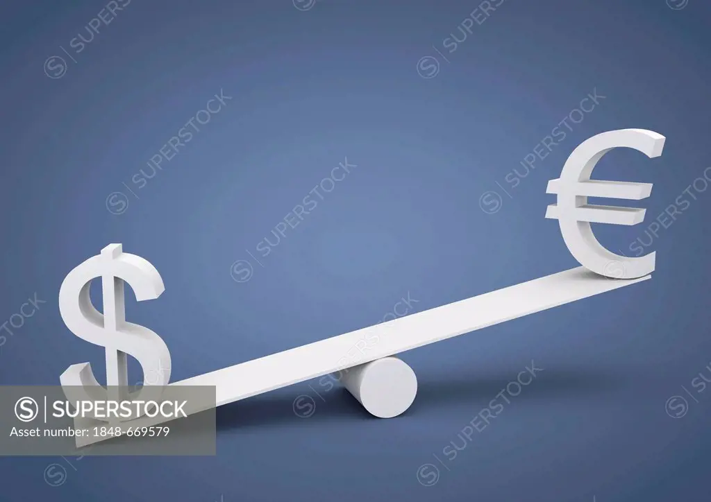 Seesaw out of balance, the U.S. dollar is heavier than the euro, currency, symbolic image for imbalance, dominance, 3D illustration