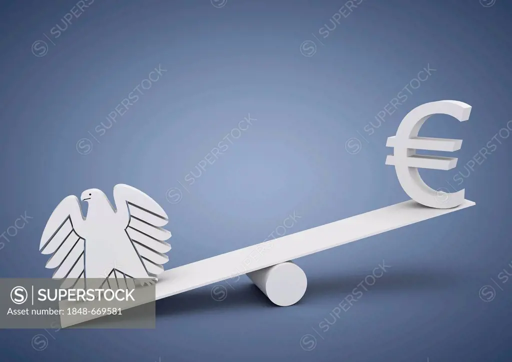 Seesaw out of balance, Germany is heavier, euro or Deutsche Mark, currency in Europe, federal eagle, symbolic image for imbalance, dominance, 3D illus...