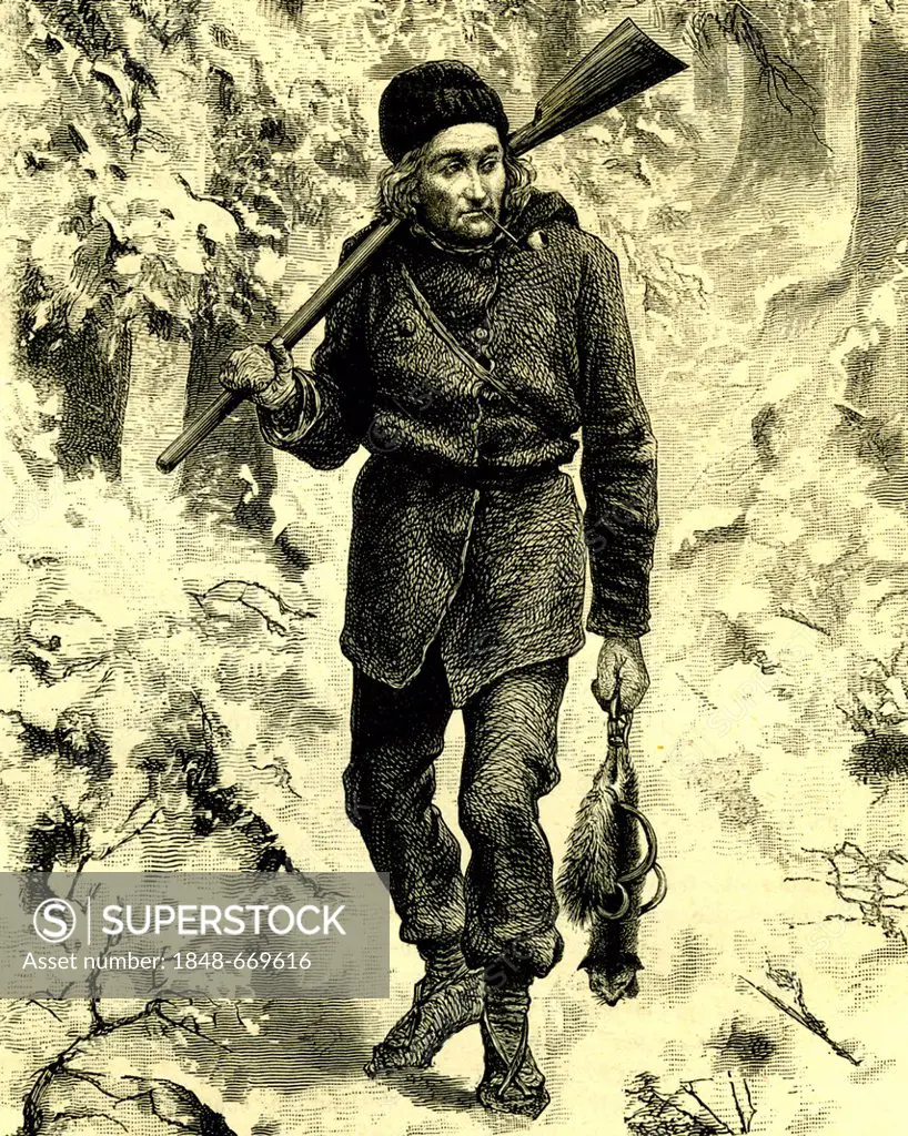 Canadian trapper, Canada, historical illustration, 1886