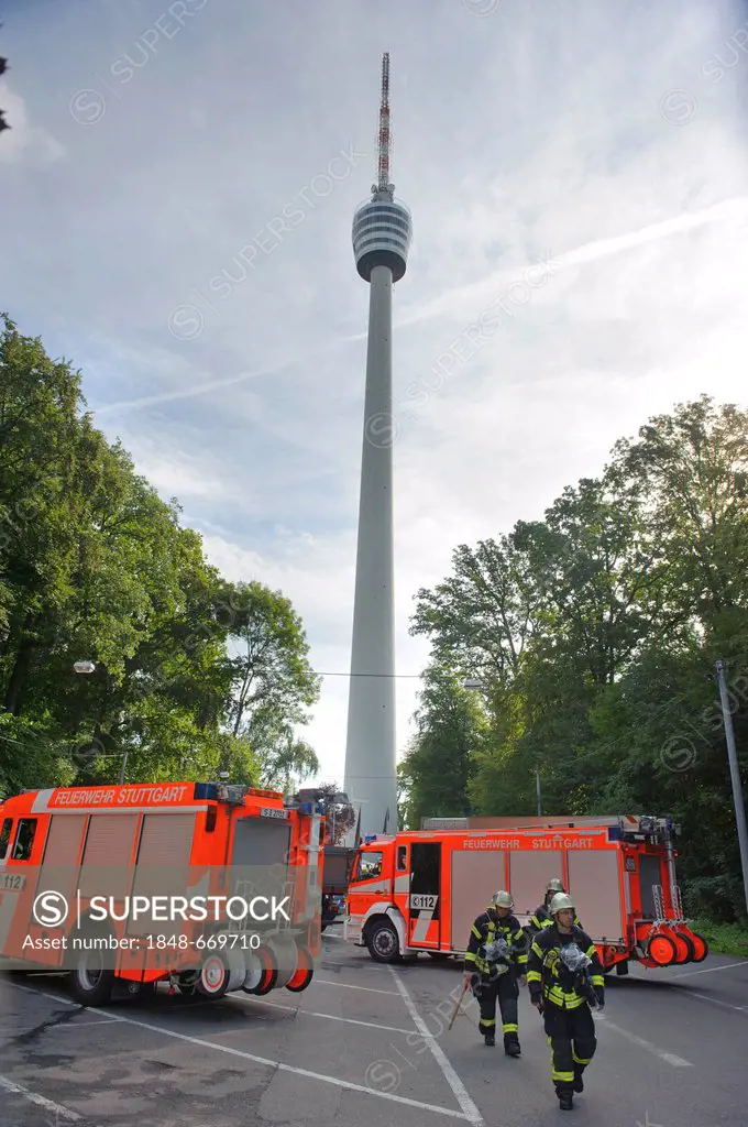 Vehicles of the fire department at the TV tower, Stuttgart, Baden-Wuerttemberg, Germany, Europe