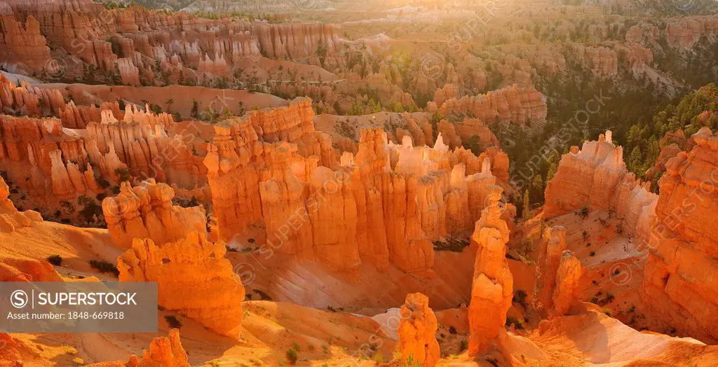 Rock formations and hoodoos, The Pope and Thor's Hammer, sunrise, Sunset Point, Bryce Canyon National Park, Utah, United States of America, USA