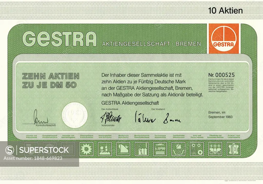 Historic stock certificate, 10 shares of 50 Deutschmarks, GESTRA AG, 1983, Bremen, Germany, Europe
