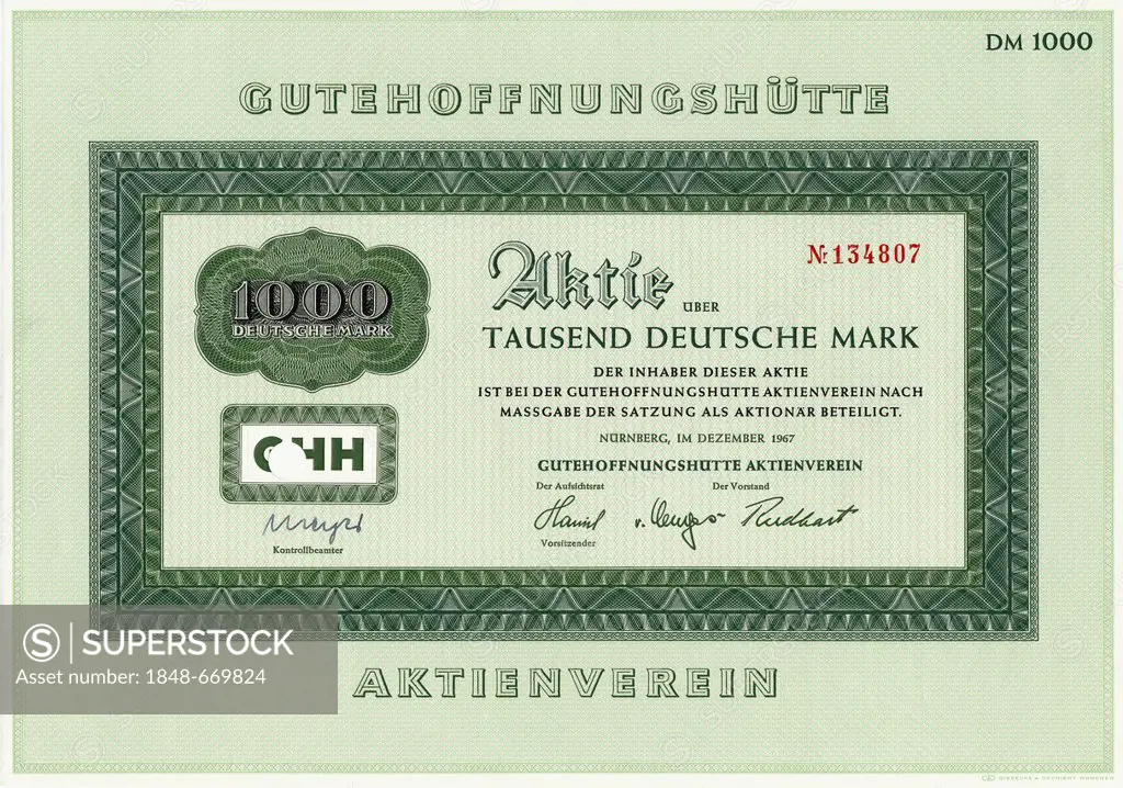 Historic stock certificate, 1000 Deutschmarks, Gutehoffnungshuette, a mining and engineering company, GHH, 1967, Nuremberg, Germany, Europe