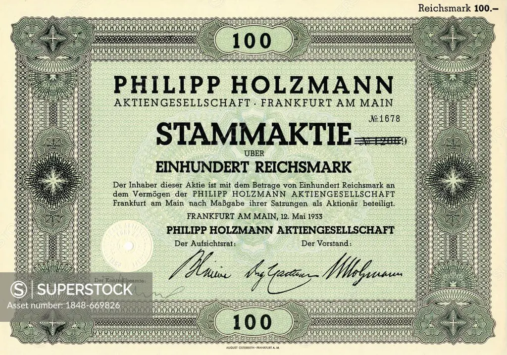 Historic stock certificate, share, 100 reichsmarks, Philipp Holzmann AG, construction company, 1933, Frankfurt am Main, Germany, Europe