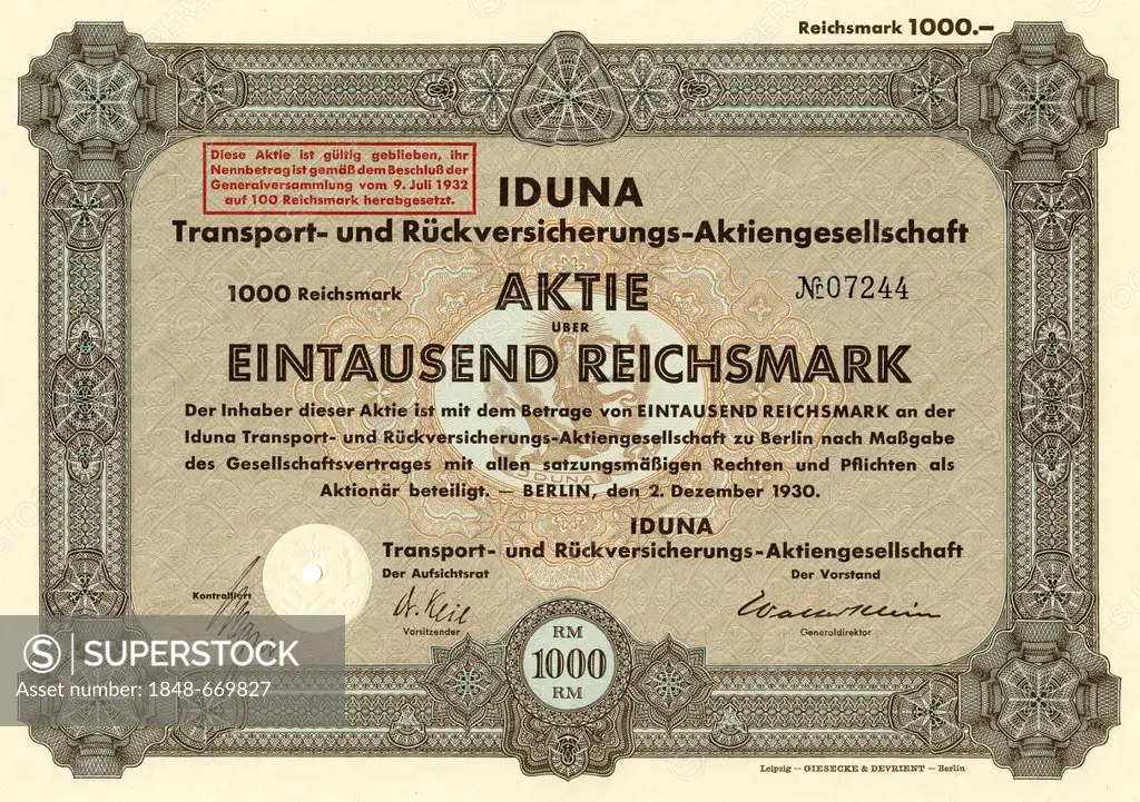 Historic stock certificate, share, 1000 reichsmarks, IDUNA Transport- und Rueckversicherungs-Aktiengesellschaft, an insurance company, 1930, Berlin, G...