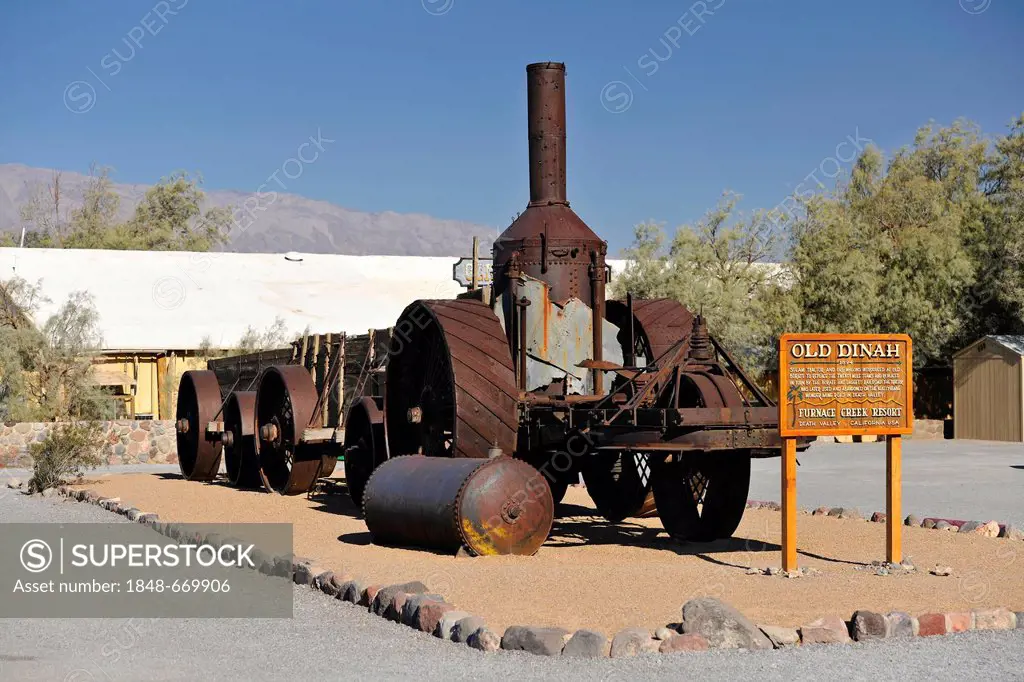 Old Dinah, historic steam tractor to transport borax, Borax Museum, Furnace Creek Ranch Oasis, Death Valley National Park, Mojave Desert, California, ...