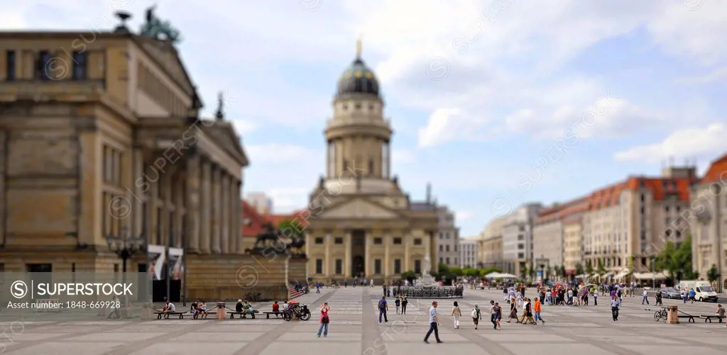 French Cathedral, Schinkelbau Concert Hall, tourists, use of the tilt-shift effect to simulate a miniature scene, Gendarmenmarkt square, Mitte, Berlin...