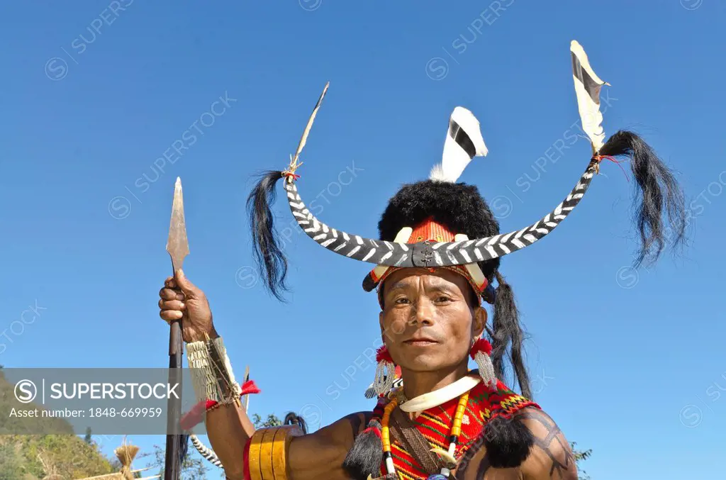 Zeliang warrior in full gear at the annual Hornbill Festival, Kohima, Nagaland, India, Asia