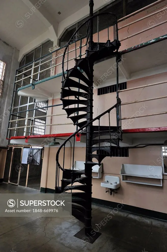 Staircase connecting the floors in a single cell block in prison, Alcatraz Island, California, USA
