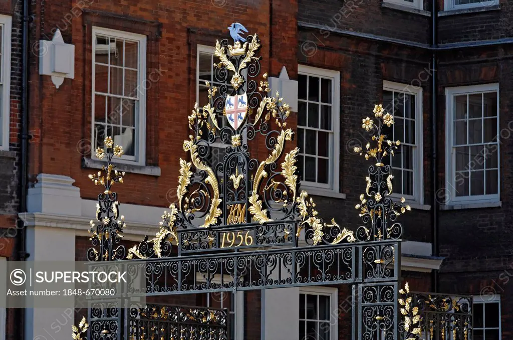 Splendid gate to the College of Arms, historic Institute of Heraldry, London, England, United Kingdom, Europe
