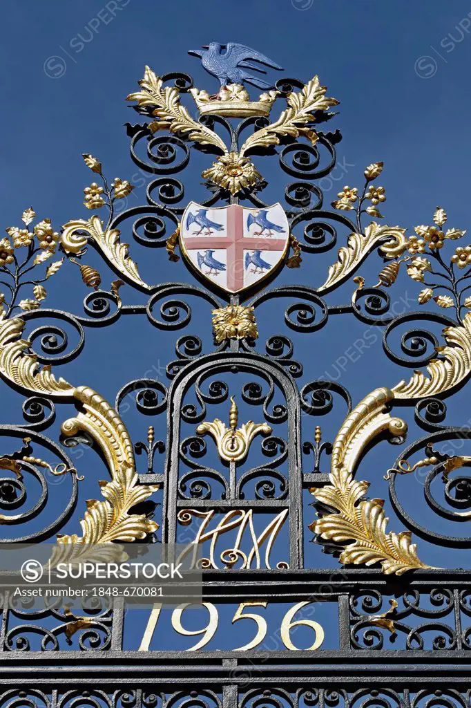 Splendid wrought iron railings with Coat of Arms, College of Arms, historic Institute of Heraldry, London, England, United Kingdom, Europe