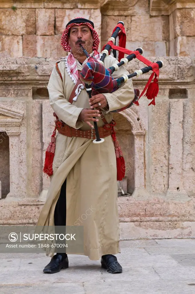 Local man with bagpipes, Gerasa, Jerash, Jordan, Middle East