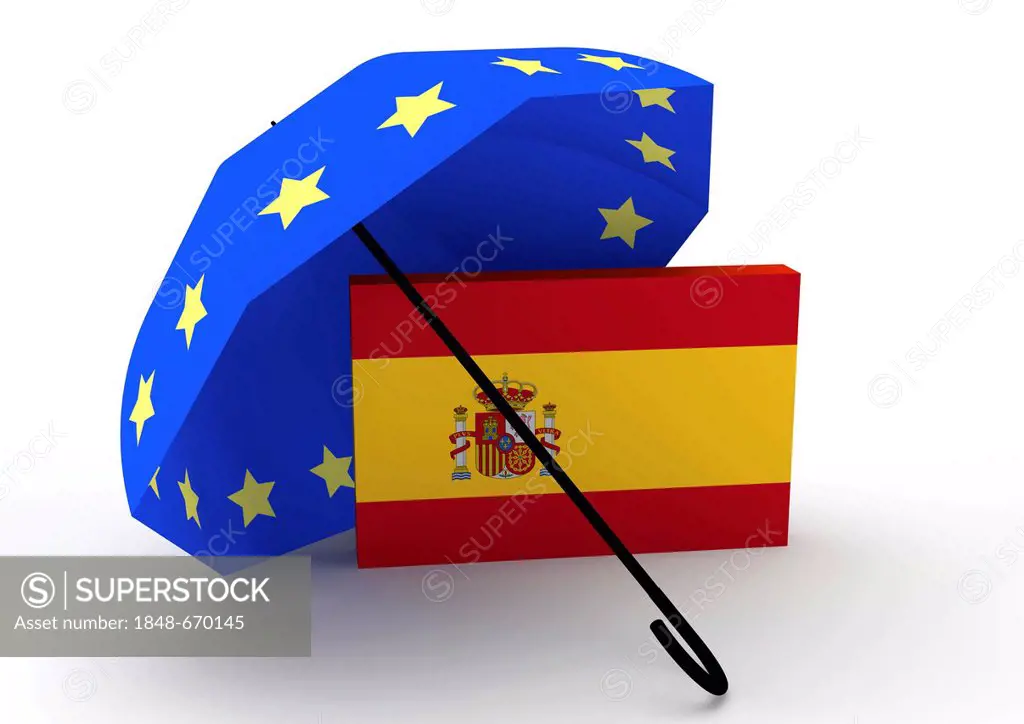 Flag of Spain under a Euro rescue umbrella, symbolic image, 3D illustration