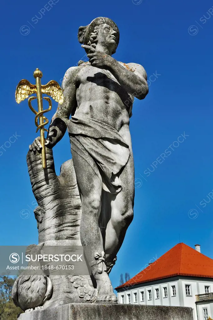 Statue of Mercury by Roman Anton Boos, 1778, Schlosspark Nymphenburg Castle palace grounds, Munich, Bavaria, Germany, Europe