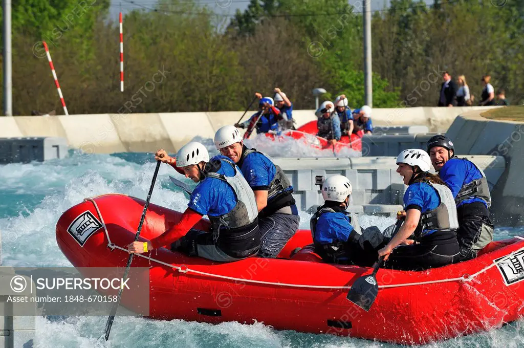 White water rafting at the media day at the Olympic White Water Centre at Waltham Abbey, England, United Kingdom, Europe