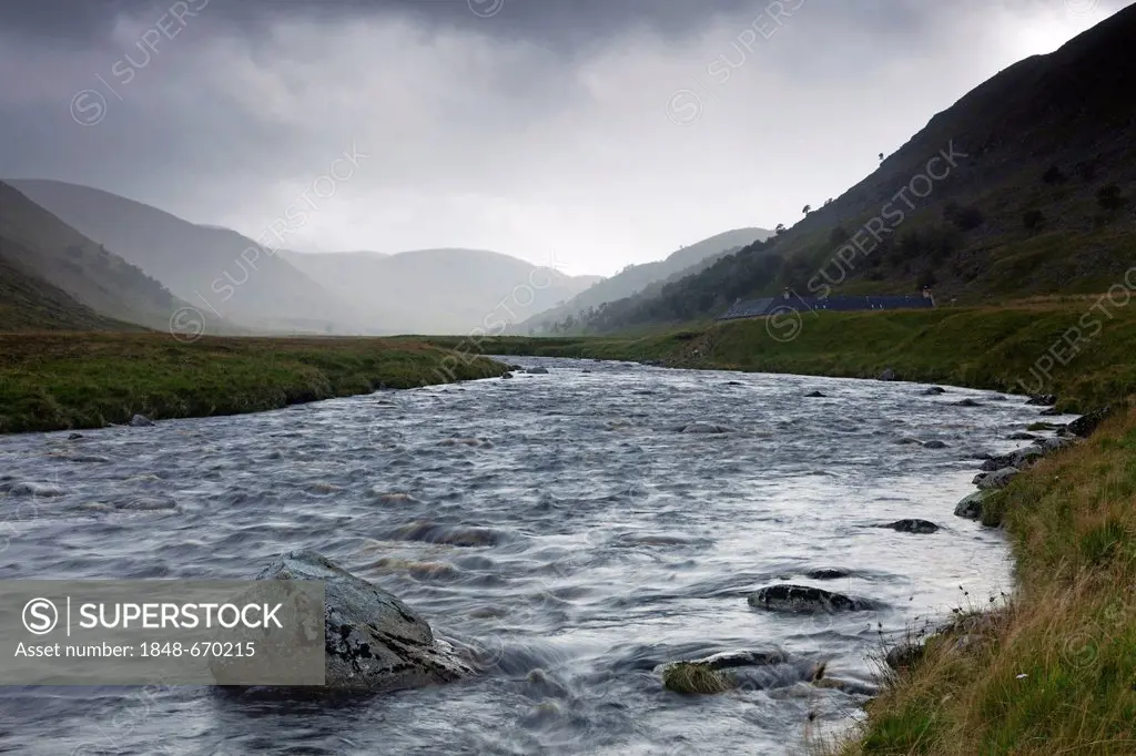 Heavy rain approaching along the Findhorn River, Highlands, Scotland, United Kingdom, Europe