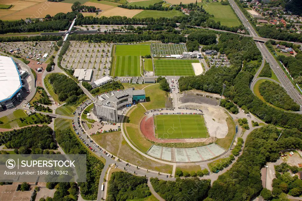 Aerial view, Schalke Arena, S04, football pitches, Gelsenkirchen, Ruhr Area, North Rhine-Westphalia, Germany, Europe