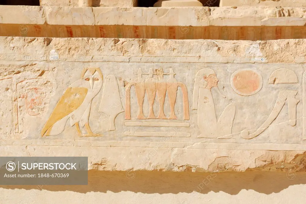Stone carving, mortuary temple of Pharaoh Hatshepsut, western Thebes, Deir el-Bahari, Luxor, Nile Valley, Egypt, Africa