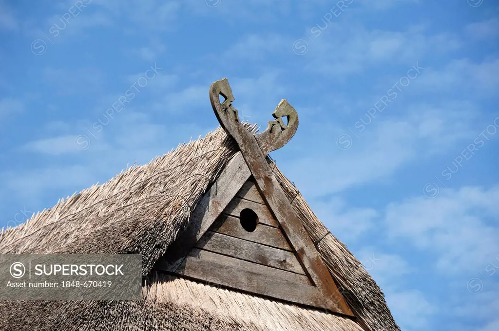 Niedersachsenpferde, gabel cross with symbolic horse heads, and a hole for owls on the gable of a farmhouse against a cloudy sky, Warnekow, Mecklenbur...