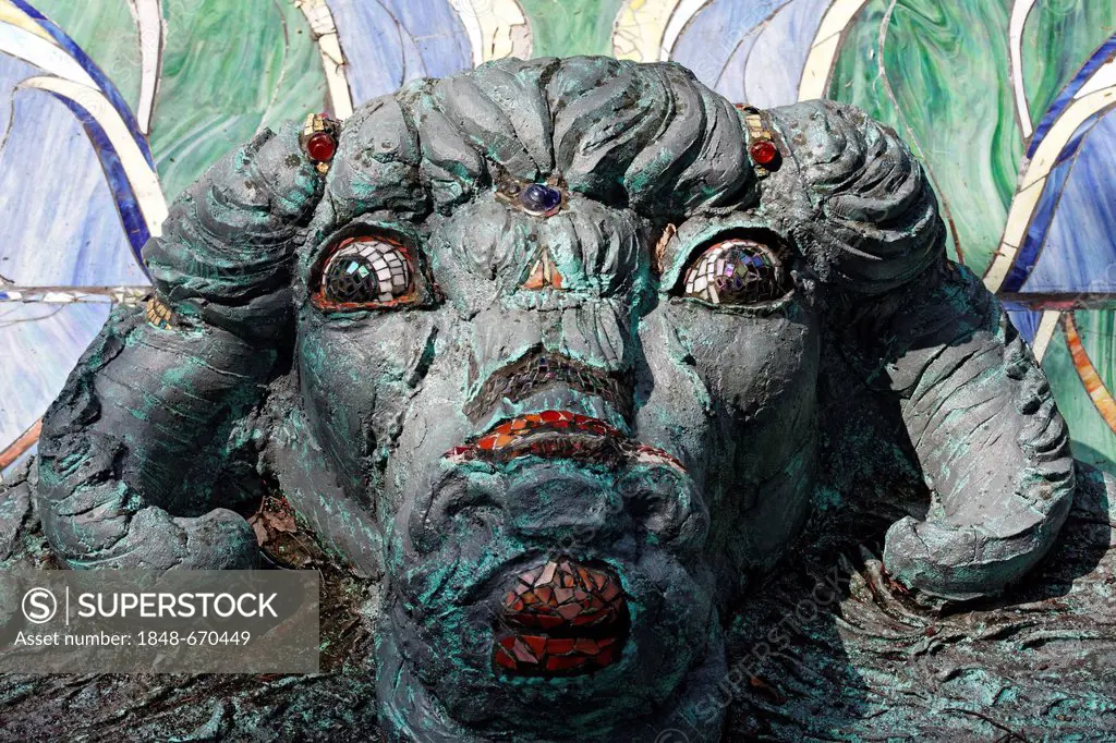 Head of a fantasy figure, Nymphaeum Omega fountain, Ernst Fuchs Museum, former mansion of architect Otto Wagner, Vienna, Austria, Europe