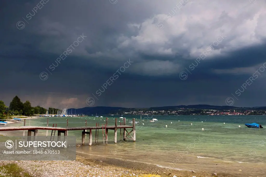 Storm cloud over Lake Constance with a view towards Ueberlingen, Dingelsdorf, Konstanz district, Baden-Wuerttemberg, Germany, Europe, PublicGround