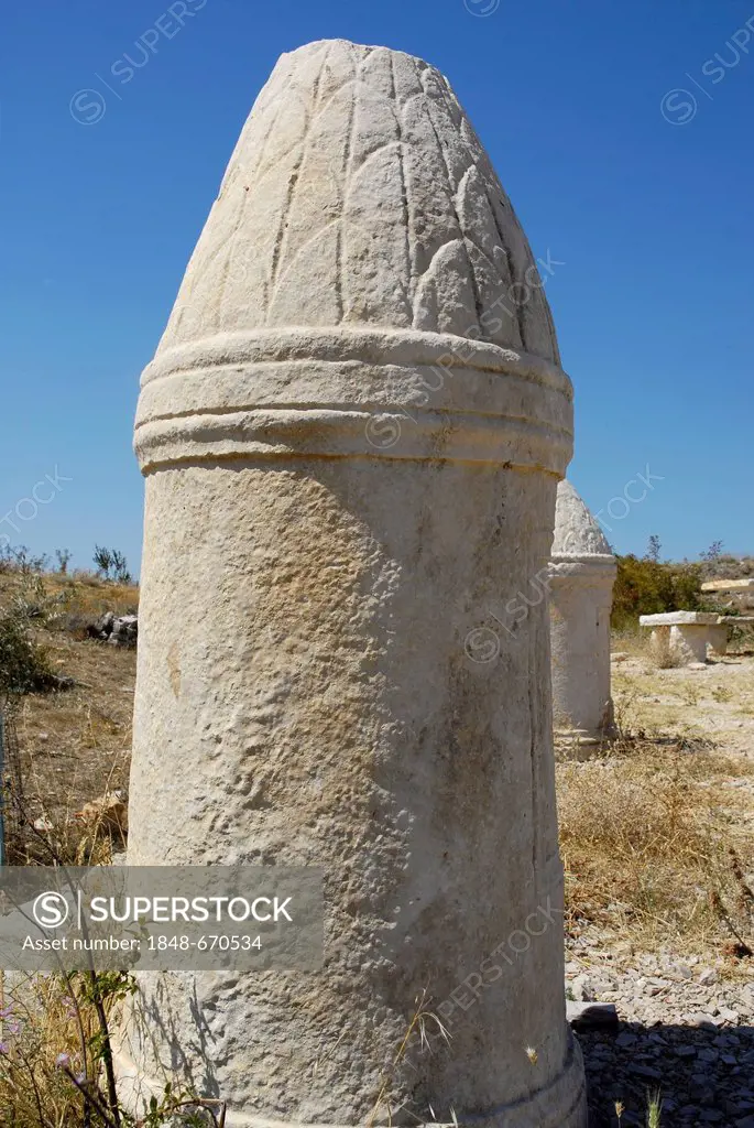 Short Roman column with ornamentation, Roman town of Asseria near Benkovac, Dalmatia, Croatia, Europe